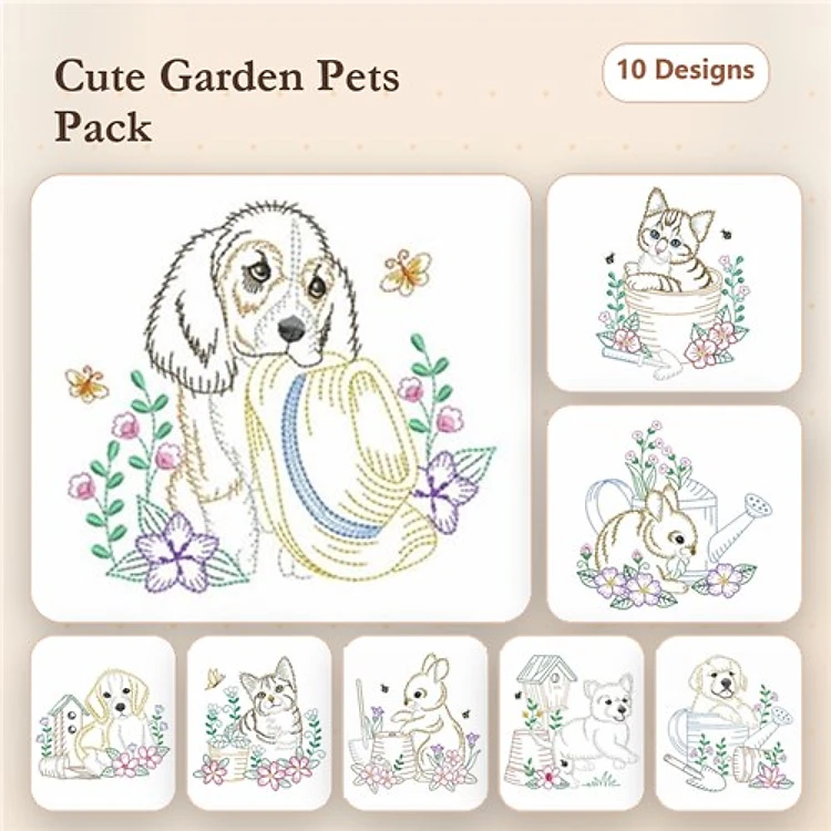 Beagle Puppy & Kitten Embroidery Bundle – Garden Pets (10 Designs)