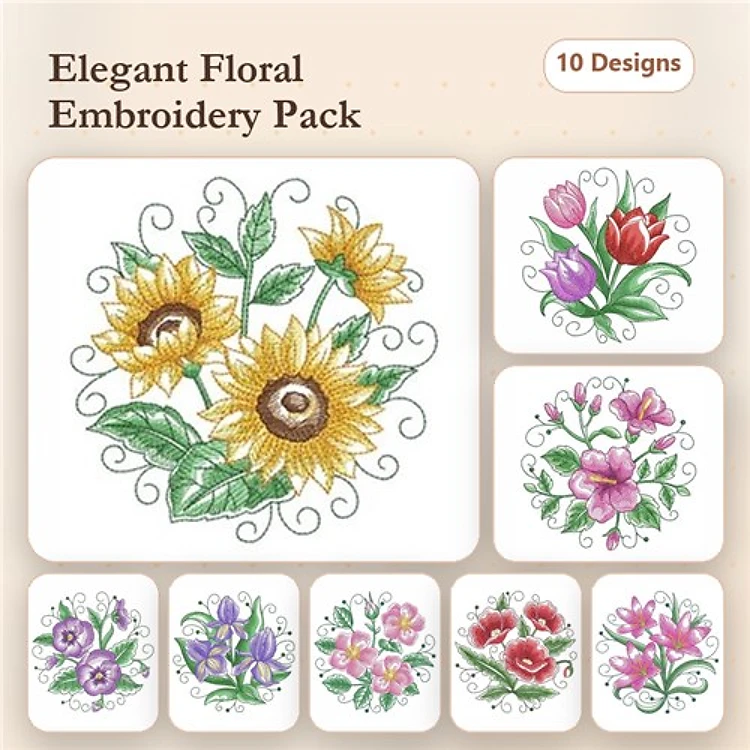 Elegant Floral Embroidery Designs Bundle – Sunflower Bouquet, Tulip Arrangement, Pink Lily & More (10 Designs)