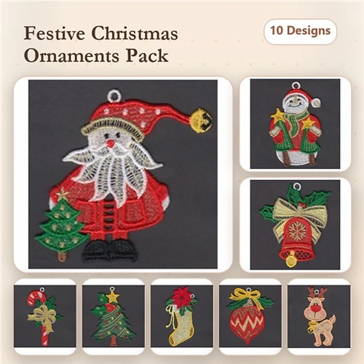 FSL Christmas Ornaments Embroidery Bundle – Santa, Snowman, Christmas Tree & More (10 Designs)
