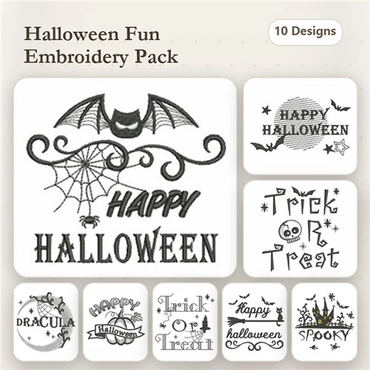 Halloween Themed Embroidery Designs Bundle – Happy Halloween Text, Bat with Web, Trick or Treat Text & More (10 Designs)