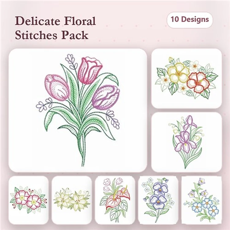 Floral Embroidery Designs Bundle – Tulip Bouquet, Yellow Flower Bunch, & More (10 Designs)