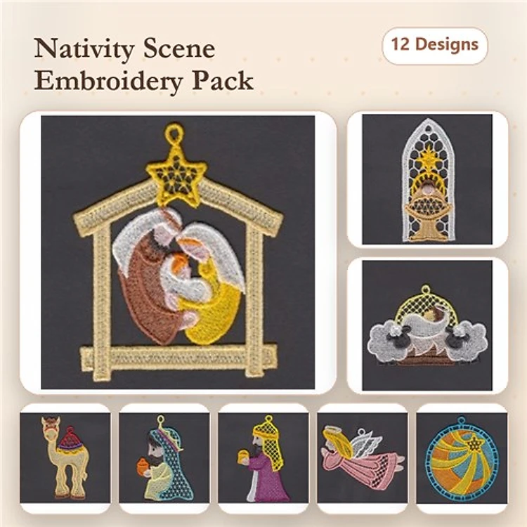 FSL Nativity Scene Embroidery Designs Bundle – Angel Holding Candle, Joseph with Staff, Baby Jesus in Manger & More (12 Designs)