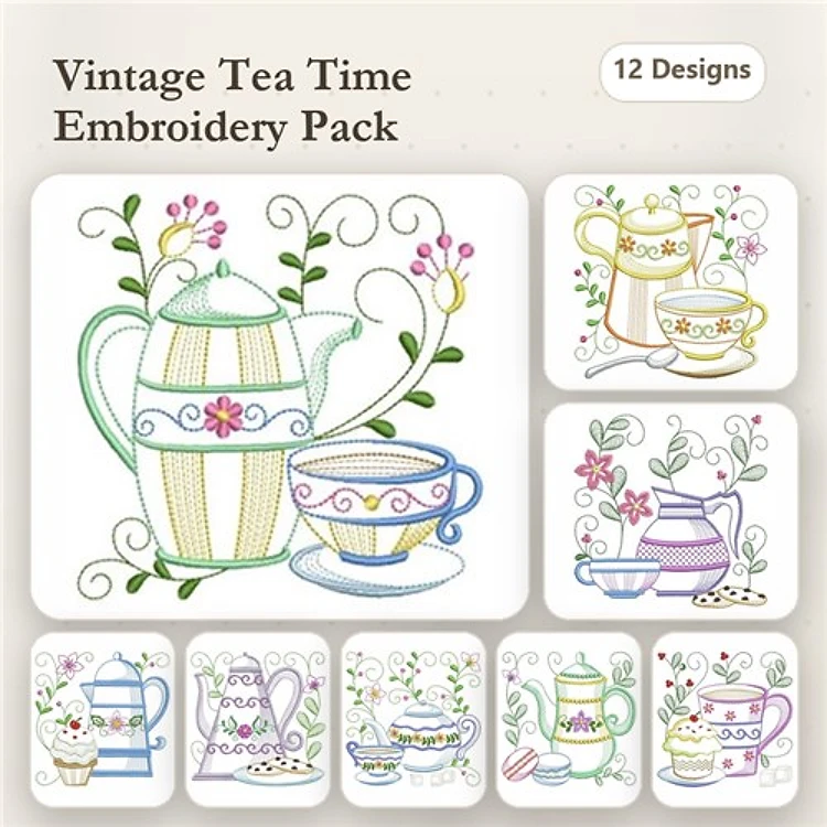 Vintage Tea Time Embroidery Designs Bundle – Teapot with Flowers, Tea Cup and Saucer, Floral Teapot & More (12 Designs)
