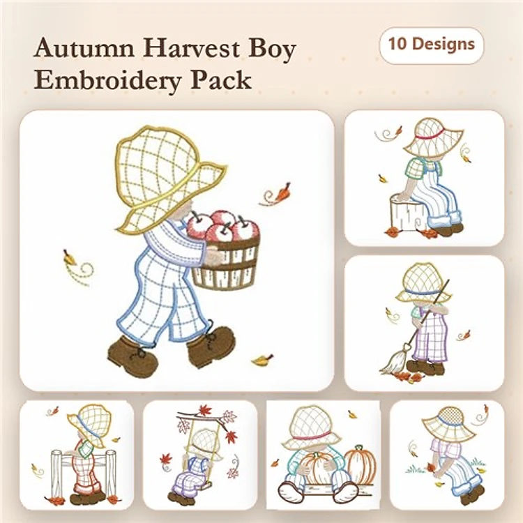 Autumn Harvest Boy Embroidery Designs Bundle – Boy Carrying Basket of Apples, Boy Harvesting Apples, Boy with Scarecrow & More (10 Designs)