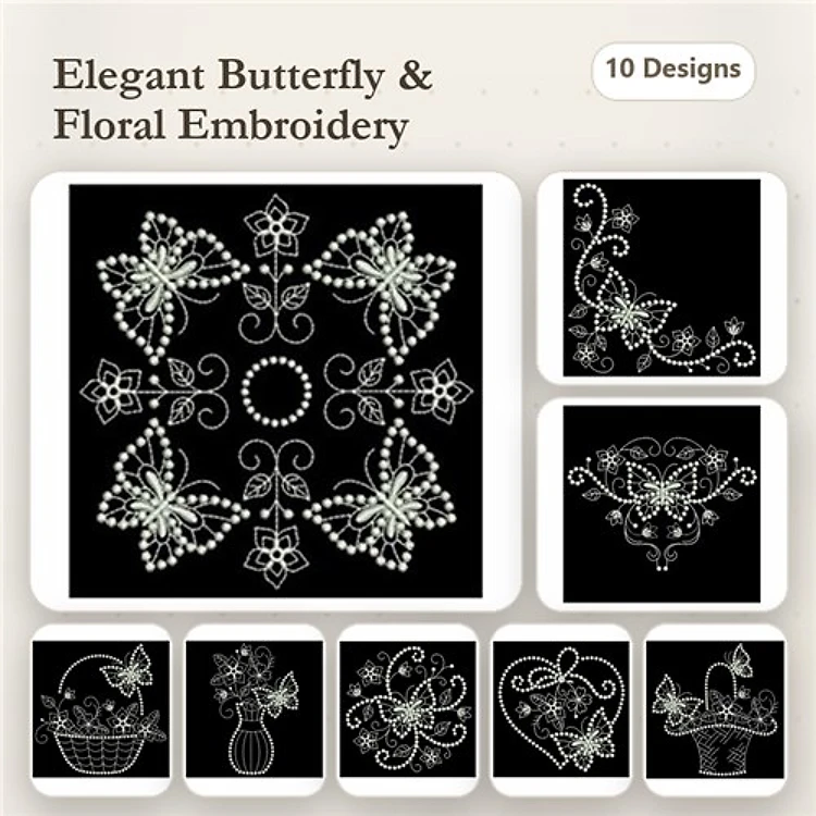 Butterfly & Floral Embroidery Designs Bundle – Elegant Butterfly, Floral Basket, Butterfly with Flowers & More (10 Designs)