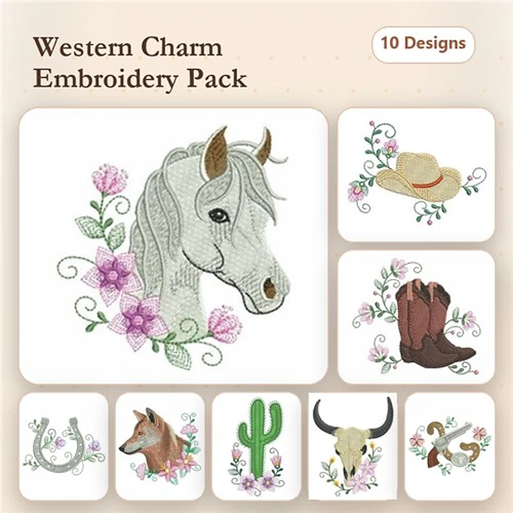 Horse Head & Western Boot Embroidery Bundle – Cowboy Hat & Floral Accents (10 Designs)