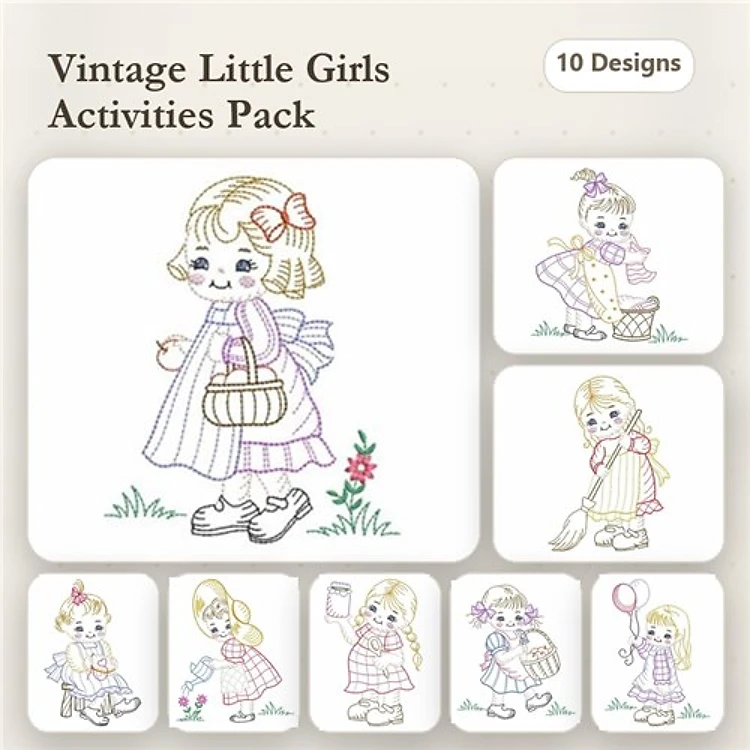Redwork Vintage Little Girls Embroidery Designs Bundle – Girl with Basket, Girl with Umbrella, Girl with Balloon & More (10 Designs)