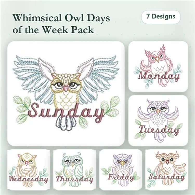 Owl Embroidery Designs Bundle – Sunday Owl, Monday Owl, Tuesday Owl & More (7 Designs)