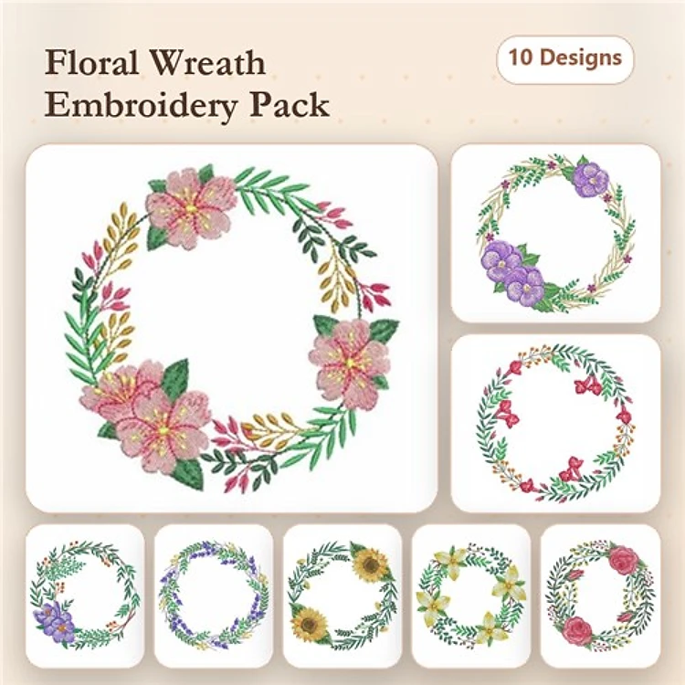 Floral Wreath Embroidery Designs Bundle – Pink Flowers, Purple Flowers, Sunflowers & More (10 Designs)