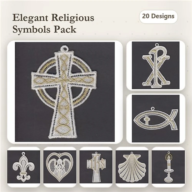 FSL Religious Symbols Embroidery Bundle – Cross with Decorative Elements, Fish Symbol, Fleur-de-Lis & More (20 Designs)