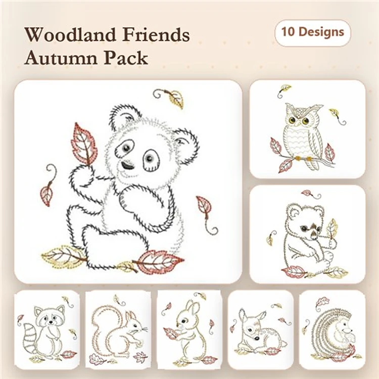 Kawaii Bear & Woodland Friends Embroidery Bundle – Autumn Inspired (10 Designs)