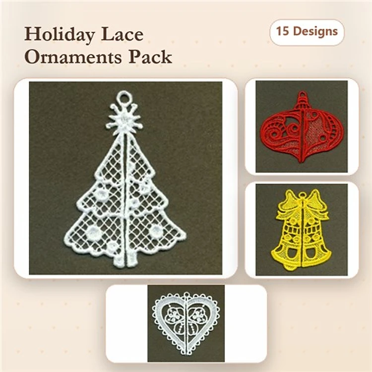 FSL Holiday Lace Ornaments Embroidery Designs Bundle – Lace Christmas Tree, Lace Bell, Lace Heart & More (15 Designs)