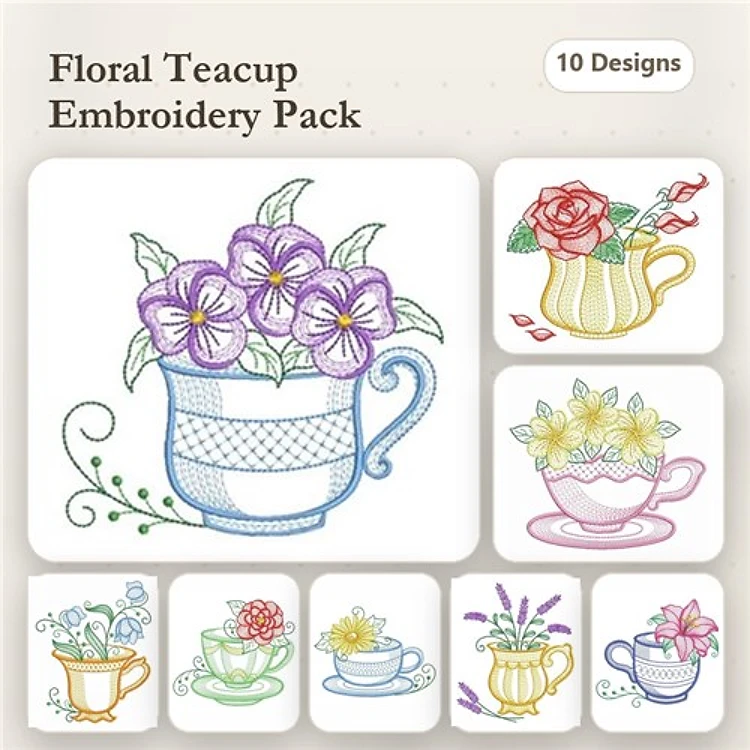 Rippled Floral Teacups Embroidery Designs Bundle – Teacup with Purple Flowers, Teacup with Rose, & More (10 Designs)