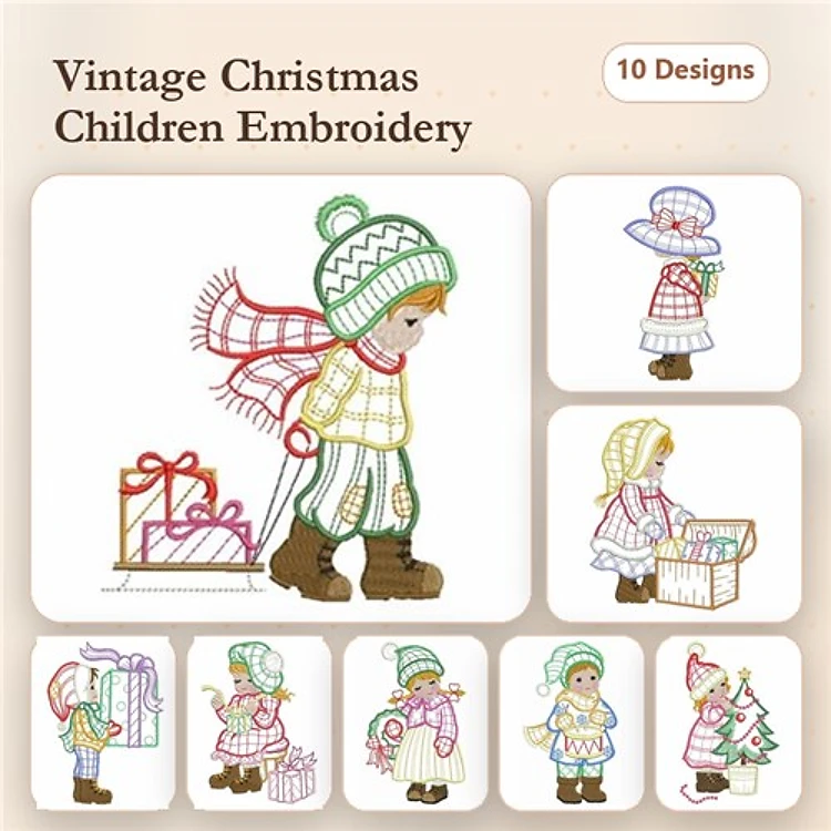 Redwork Vintage Christmas Children Embroidery Designs Bundle – Child with Gifts, Child with Snowman, & More (10 Designs)