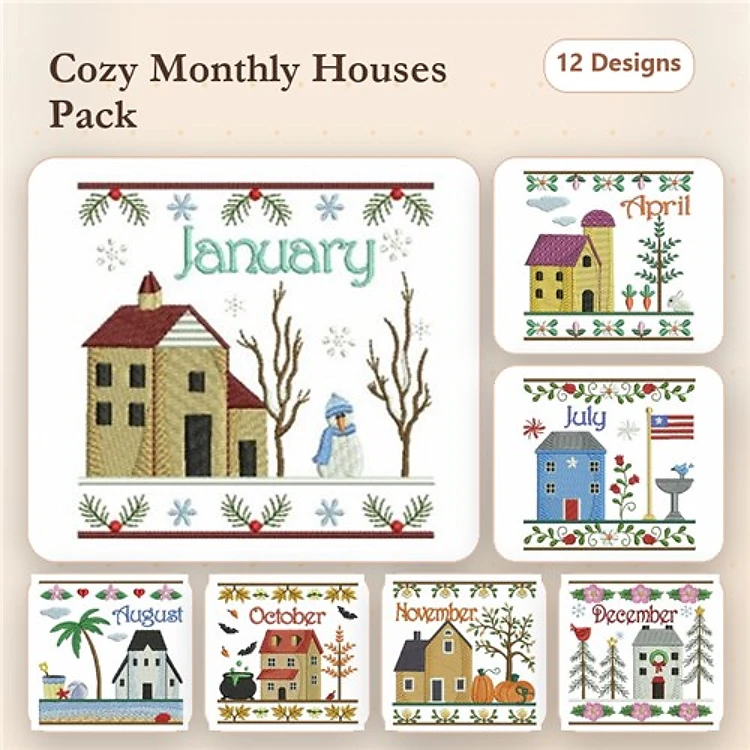 Monthly Themed Houses Embroidery Bundle – January House, April House, July House & More (12 Designs)