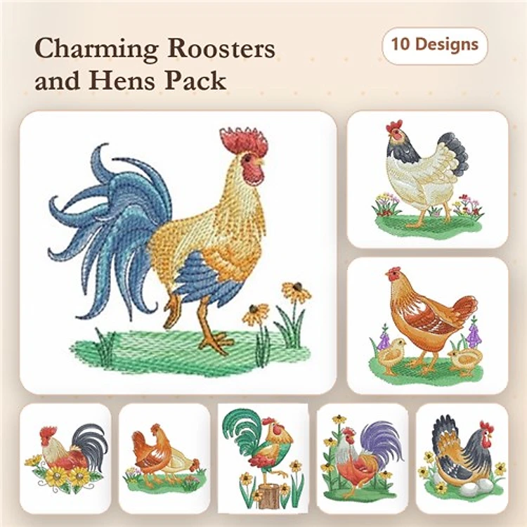 Charming Roosters and Hens Embroidery Bundle – Proud Rooster, Hen with Flowers, Rooster with Basket & More (10 Designs)