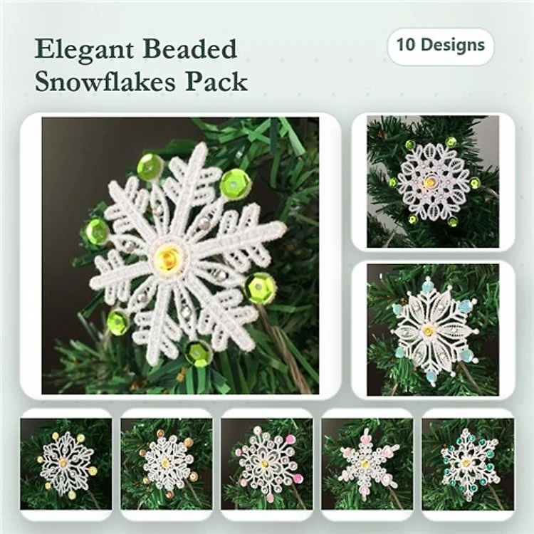 FSL Elegant Beaded Snowflakes Embroidery Bundle – Beaded Snowflake with Green Beads, Vintage Style Snowflake & More (10 Designs)
