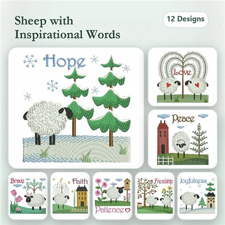 Farm Animal Embroidery Bundle – Sheep with Hope, Love, Peace, & More (12 Designs)