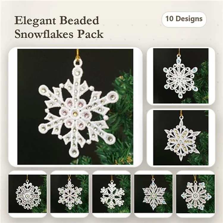 FSL Elegant Snowflake Ornaments Embroidery Bundle – Beaded Snowflake Ornament 1, Beaded Snowflake Ornament 2 & More (10 Designs)