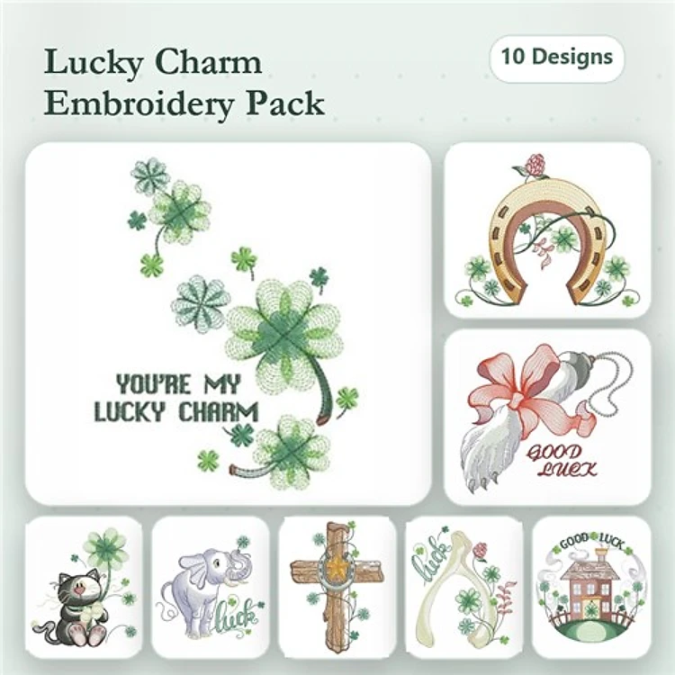 St. Patrick's Day Embroidery Designs Bundle – Clover Sprigs, Lucky Cross, Lucky Bear & More (10 Designs)