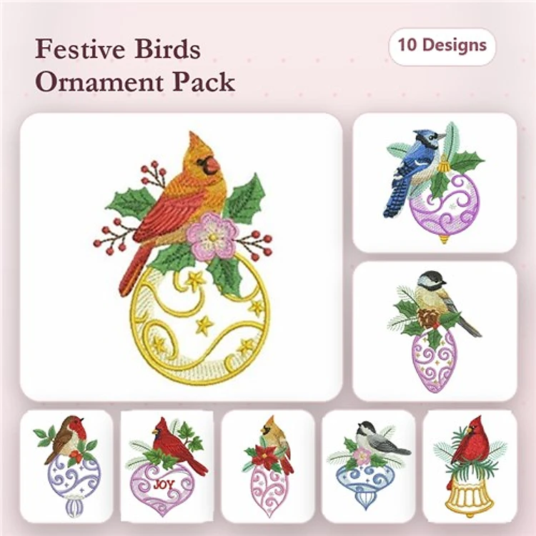 Festive Birds with Ornaments Embroidery Designs Bundle – Cardinal, Blue Jay, Chickadee & More (10 Designs)