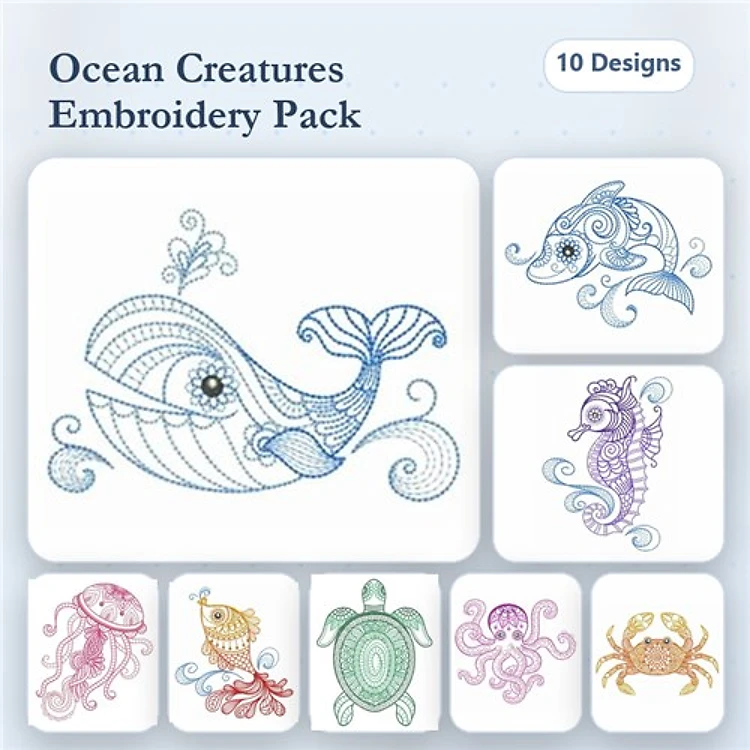 Rippled Ocean Creatures Embroidery Designs Bundle – Whale, Dolphin, Seahorse & More (10 Designs)