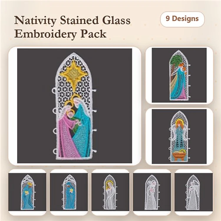 FSL Nativity Stained Glass Windows Embroidery Designs Bundle – Mary & Joseph, Angel, Shepherd & More (9 Designs)