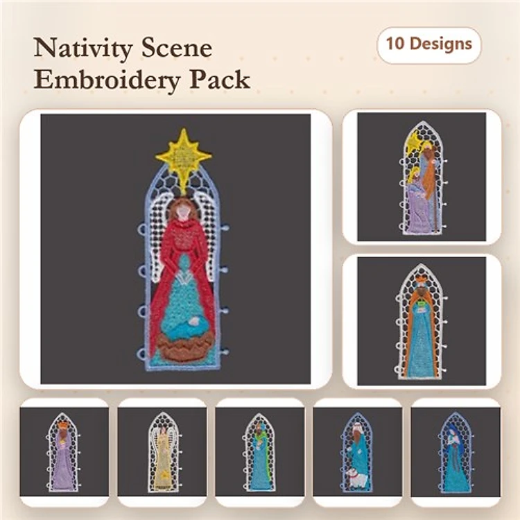 FSL Nativity Scene Embroidery Designs Bundle – Mary with Baby Jesus, Joseph with Staff, Angel with Trumpet & More (10 Designs)