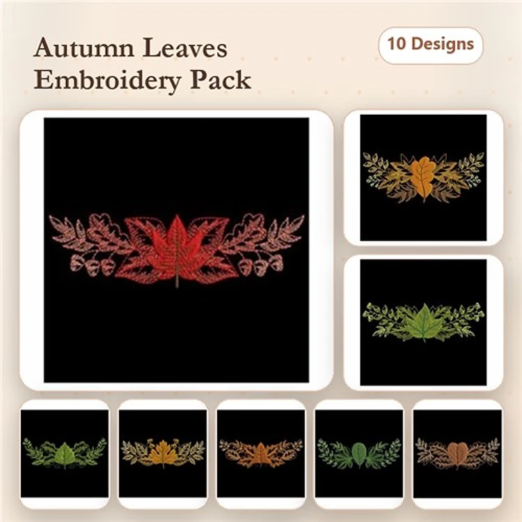 Autumn Leaves Embroidery Bundle – Red Maple Leaf, Orange Maple Leaf, Leaf Cluster with Acorn & More (10 Designs)