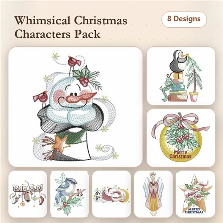 Christmas Characters Embroidery Designs Bundle – Snowman with Holly, Penguin with Gift, Angel with Flowers & More (8 Designs)