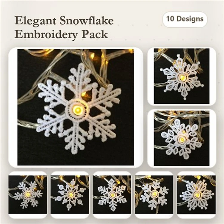 FSL Elegant Snowflake Ornaments Embroidery Designs Bundle – Intricate Lace Snowflakes & More (10 Designs)