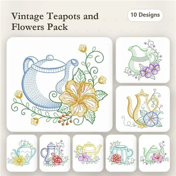 Rippled Floral Teapot Embroidery Designs Bundle – Teapot with Flowers, Decorative Teapot, Teapot with Leaves & More (10 Designs)
