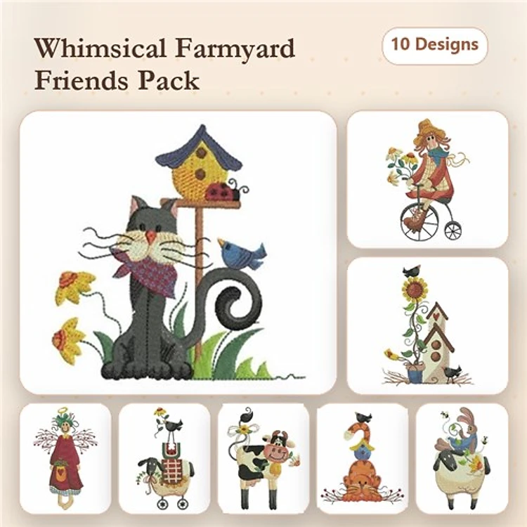 Farmyard Animal Embroidery Bundle – Cat with Birdhouse, Scarecrow with Sunflowers, Pig with Flowers & More (10 Designs)