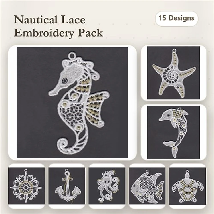 FSL Nautical Lace Embroidery Designs Bundle – Seahorse, Starfish, Dolphin & More (15 Designs)