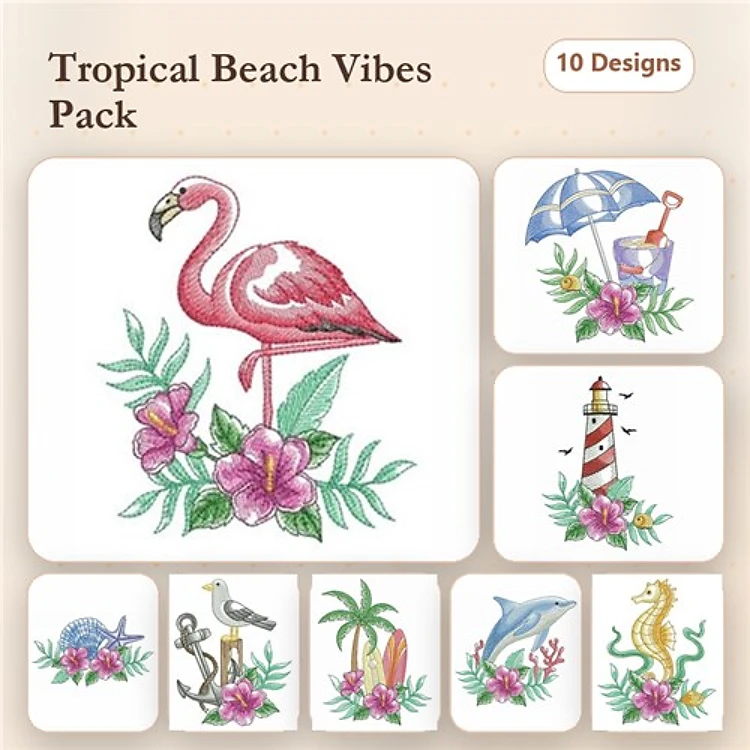 Tropical Beach Embroidery Designs Bundle – Flamingo with Flowers, Beach Umbrella, Dolphin & More (10 Designs)