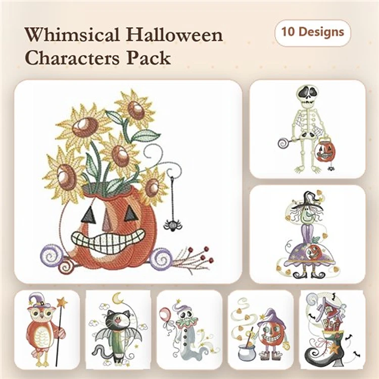 Charming Halloween Characters Embroidery Designs Bundle – Pumpkin with Sunflowers, Skeleton with Candy Bag, Witch with Cauldron & More (10 Designs)