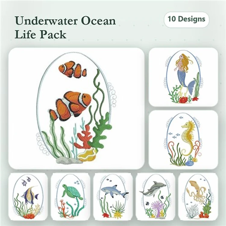 Underwater Ocean Life Embroidery Designs Bundle – Clownfish, Mermaid, Seahorse, Turtle & More (10 Designs)