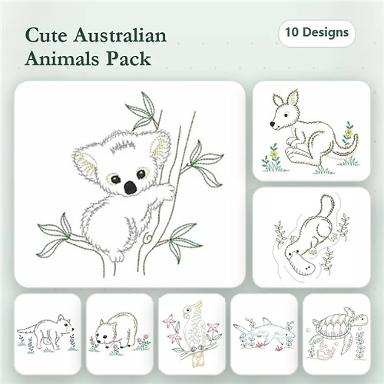 Redwork Australian Animals Embroidery Bundle – Koala, Kangaroo, Dingo & More (10 Designs)