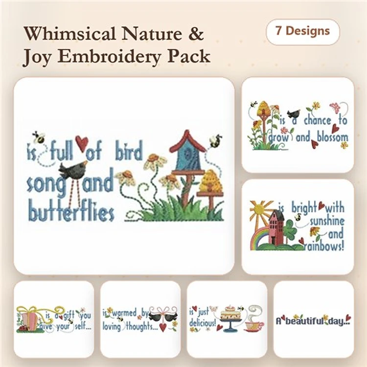 Nature Joy Embroidery Designs Bundle – Birdhouse with Flowers, Bird on a Flower, Full of Bird Song & More (7 Designs)