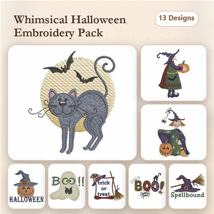 Halloween Embroidery Designs Bundle – Gray Cat, Witches, Bats & More (13 Designs)