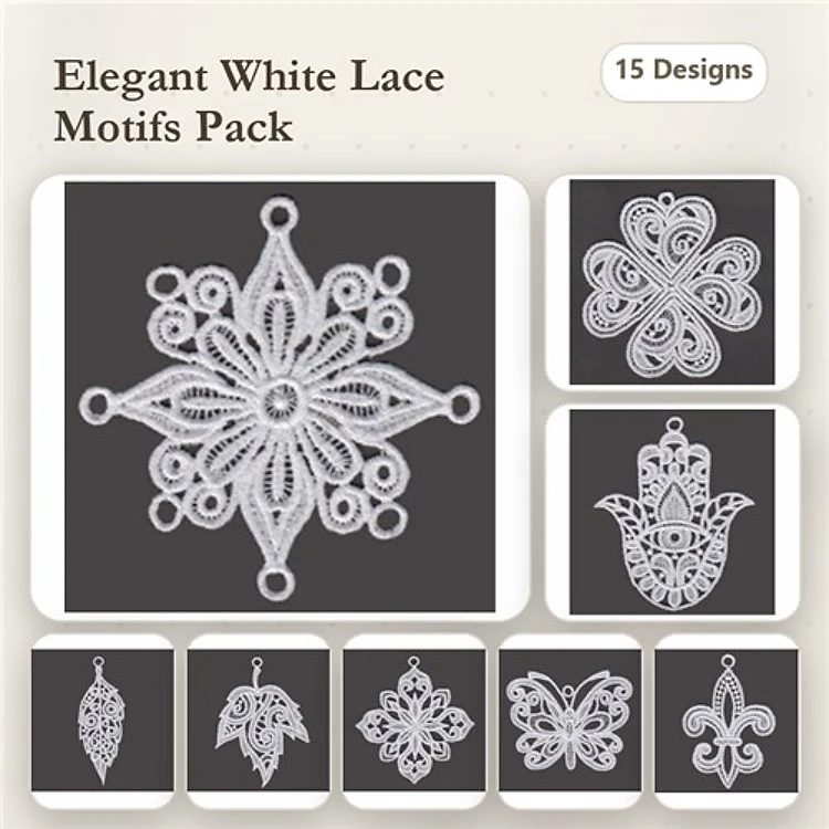 FSL Elegant White Lace Embroidery Designs Bundle – Snowflake Ornament, Lace Heart, Butterfly Ornament & More (15 Designs)
