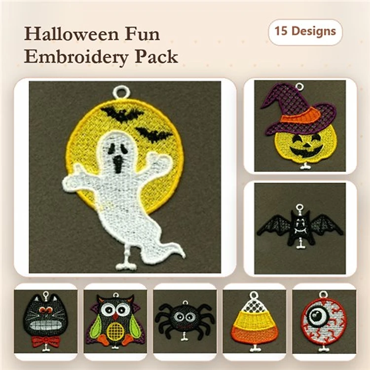 FSL Halloween Embroidery Designs Bundle – Ghost, Witch Hat, Jack-o'-Lantern & More (15 Designs)