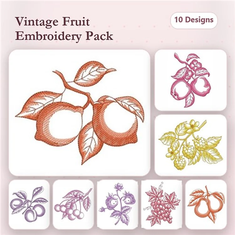 Vintage Fruit Embroidery Designs Bundle – Peach Branch, Apple Cluster, Grapes with Leaves & More (10 Designs)