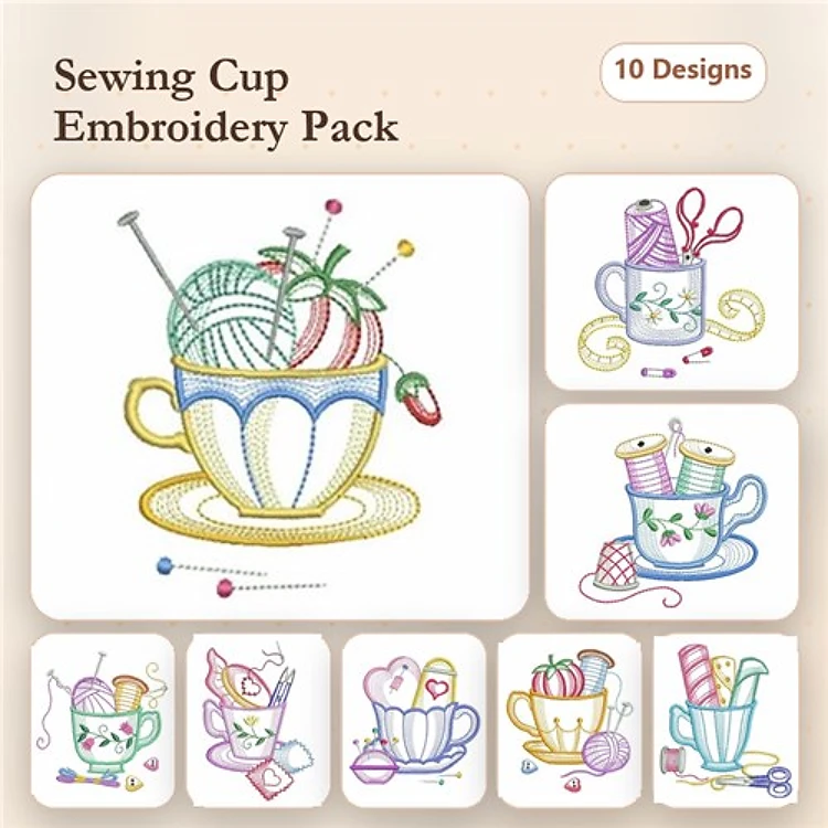 Sewing Tools in Cups Embroidery Bundle – Yarn Cup, Scissors Cup, Spools Cup & More (10 Designs)