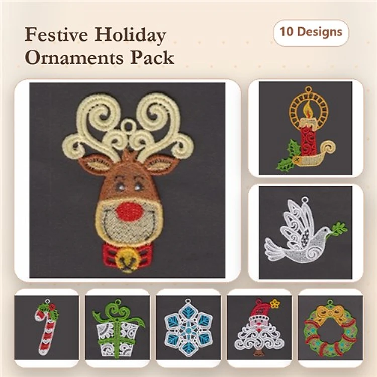 FSL Festive Holiday Ornaments Embroidery Designs Bundle – Reindeer, Dove, Candy Cane & More (10 Designs)