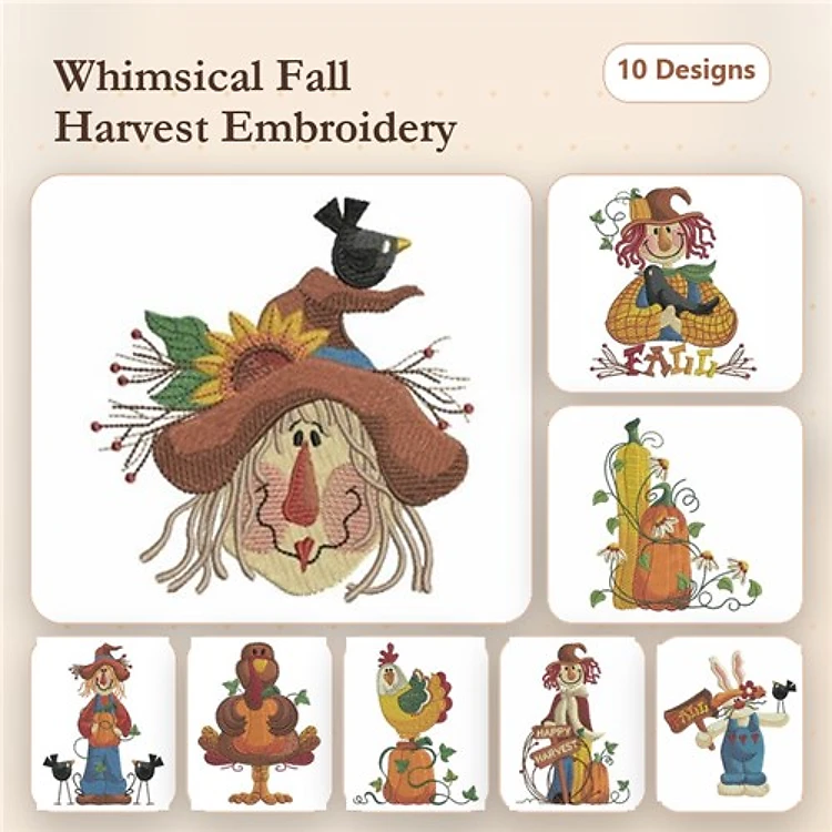 Fall Harvest Embroidery Designs Bundle – Scarecrow with Sunflowers, Pumpkin with Vine, Rabbit with Carrot & More (10 Designs)