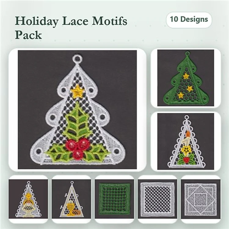 FSL Holiday Lace Embroidery Designs Bundle – Lace Christmas Tree with Holly, Lace Ornament with Decoration & More (10 Designs)