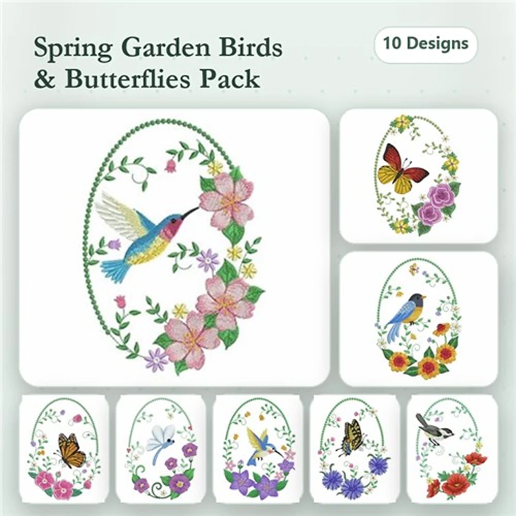 Spring Garden Birds & Butterflies Embroidery Designs Bundle – Hummingbird with Flowers, Butterfly with Flowers, & More (10 Designs)
