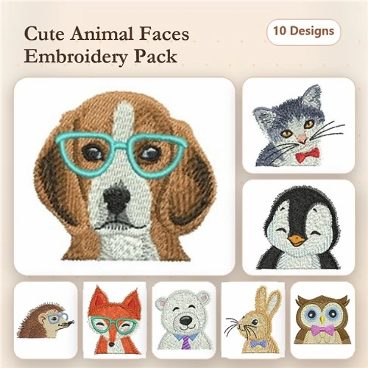 Cute Animal Faces Embroidery Bundle – Adorable Designs (10 Designs)