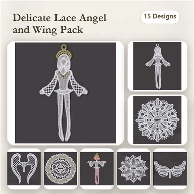FSL Lace Angel Embroidery Designs Bundle – Lace Angel with Halo, Lace Winged Heart, Lace Floral Ornament & More (15 Designs)